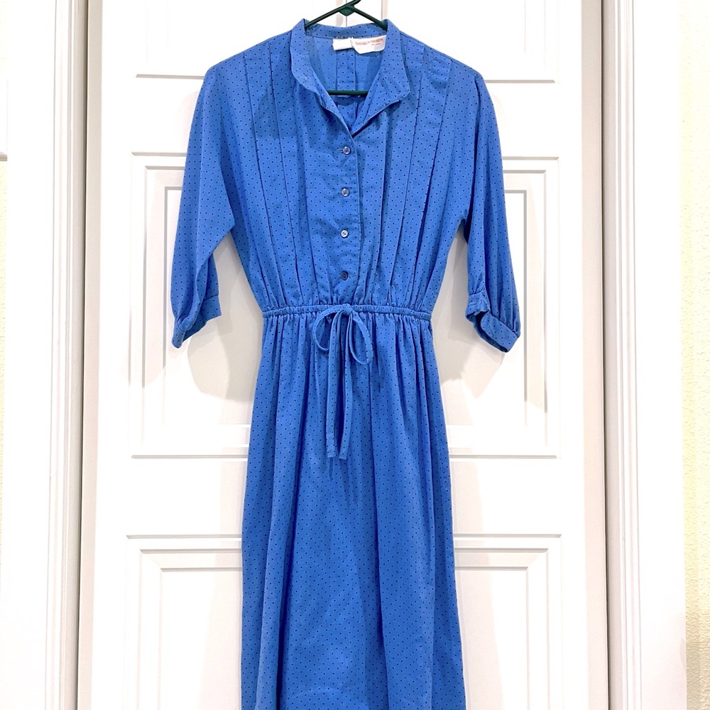 Vintage 3/4 Length Sleeved Blue Polka Dot Dress